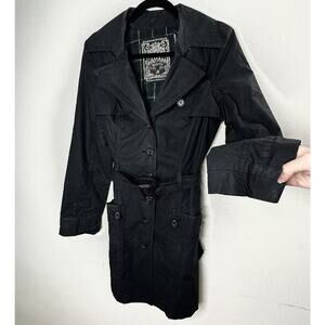 Guess Black Button Down Belted Trench Coat Navy and Green Plaid Interior M